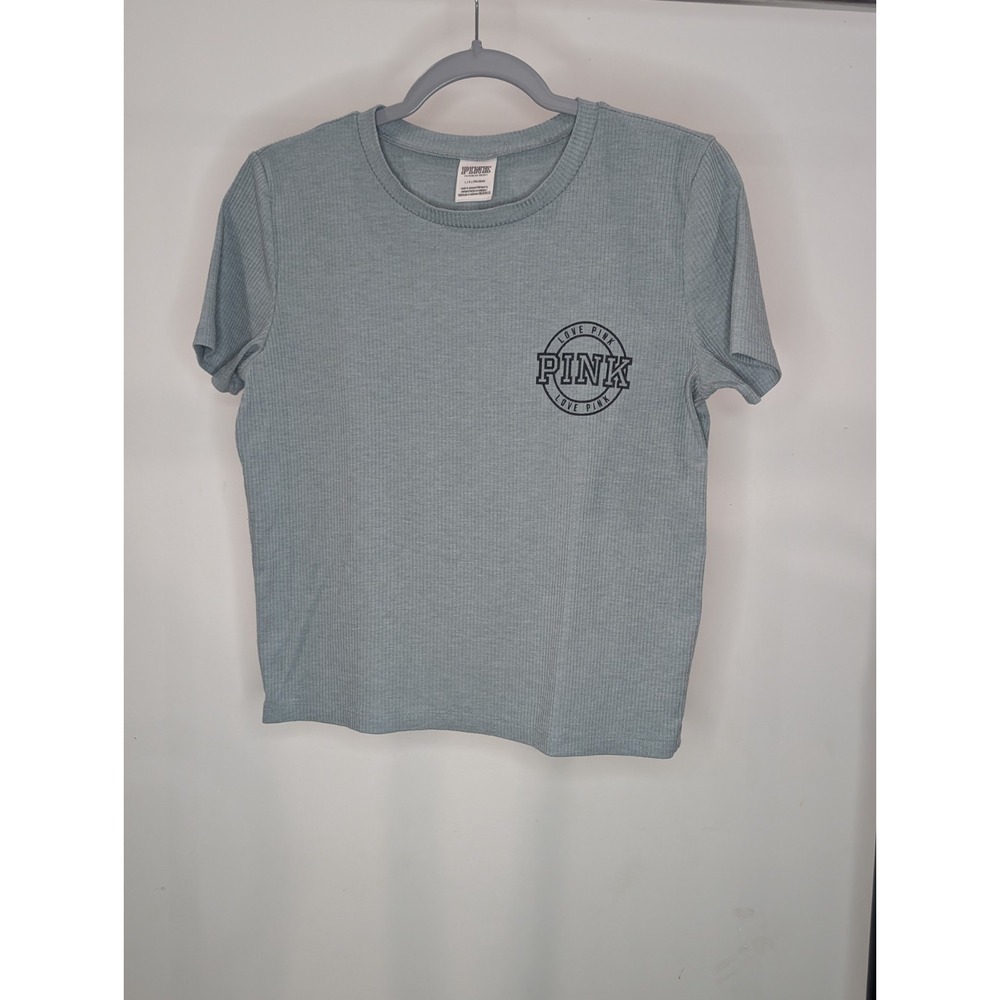 Victoria's Secret PINK Women's T Shirt Size L Blue Ribbed Short Sleeve Logo...